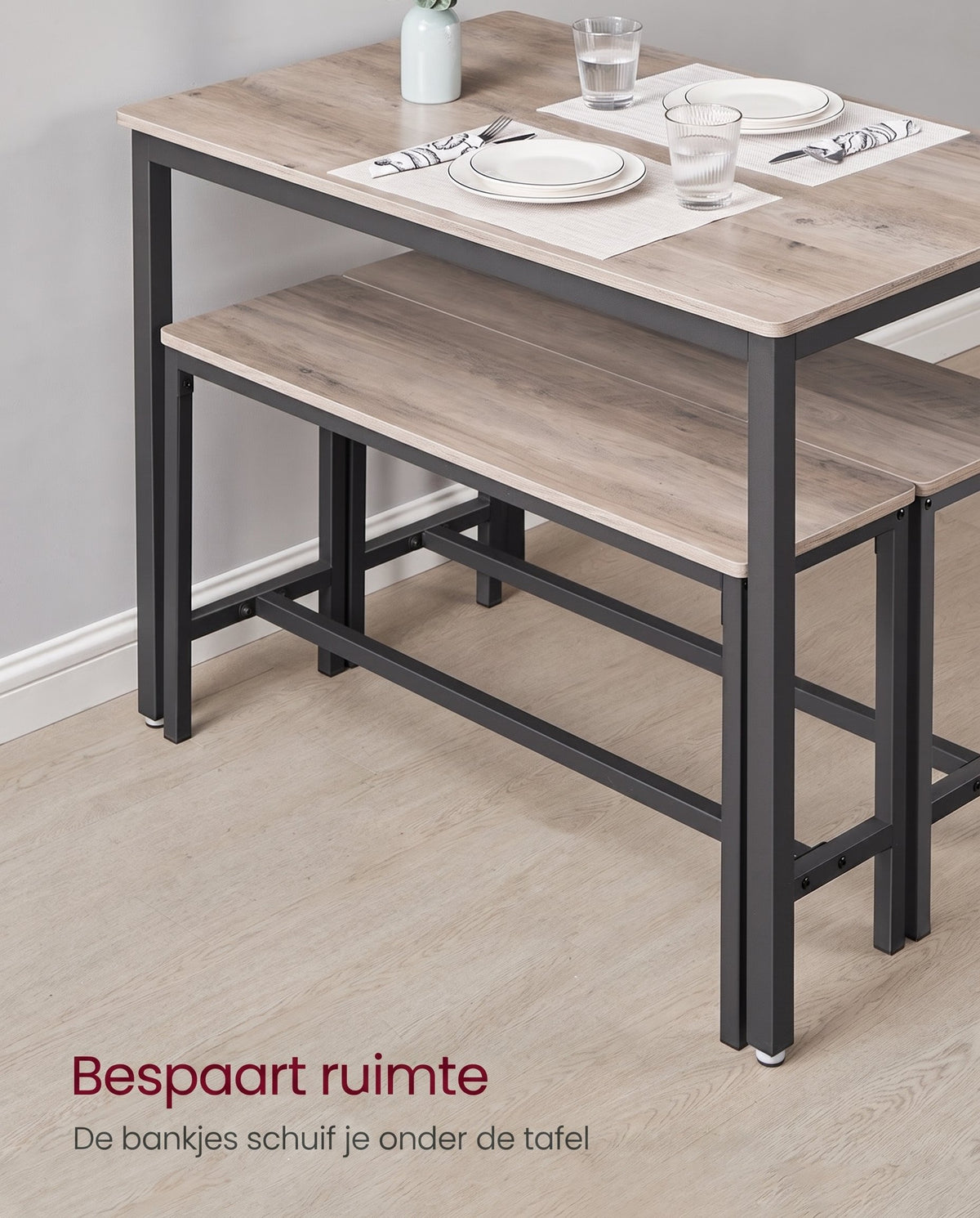 Eettafelset met 2 Banken in Industriële Stijl, 110 x 70 cm
