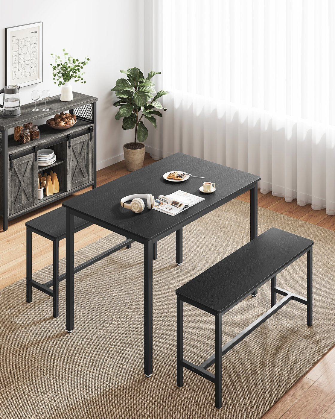 Eettafelset met 2 Banken in Industriële Stijl, 110 x 70 cm
