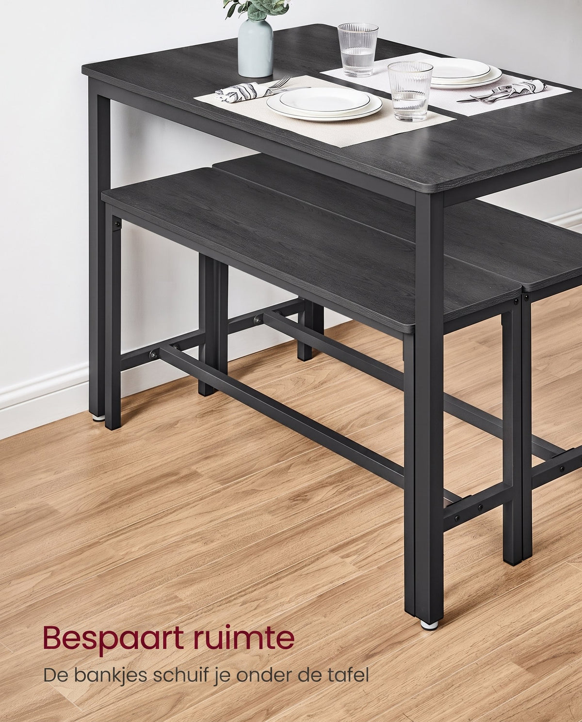 Eettafelset met 2 Banken in Industriële Stijl, 110 x 70 cm