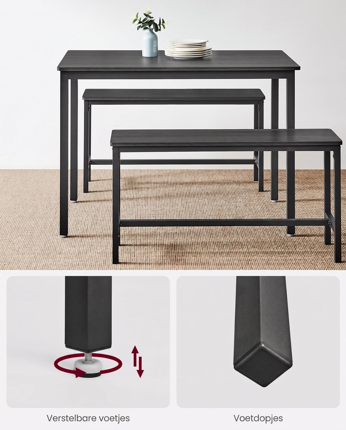 Eettafelset met 2 Banken in Industriële Stijl, 110 x 70 cm