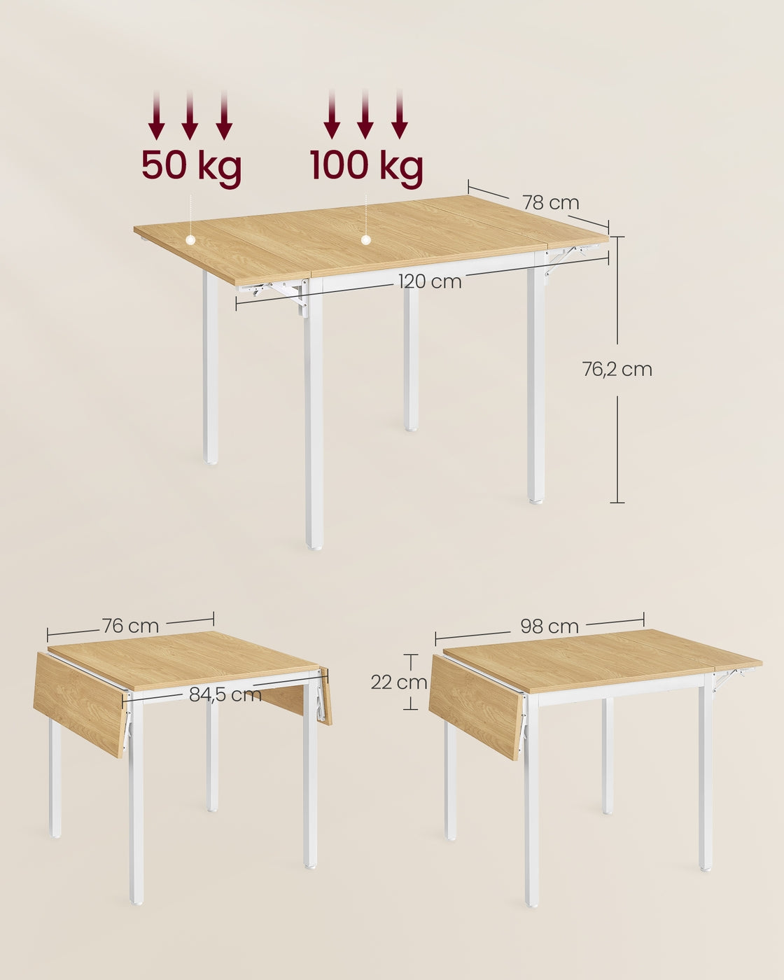 Opklapbare Eettafel voor 2 tot 4 Personen, 120 x 78 cm