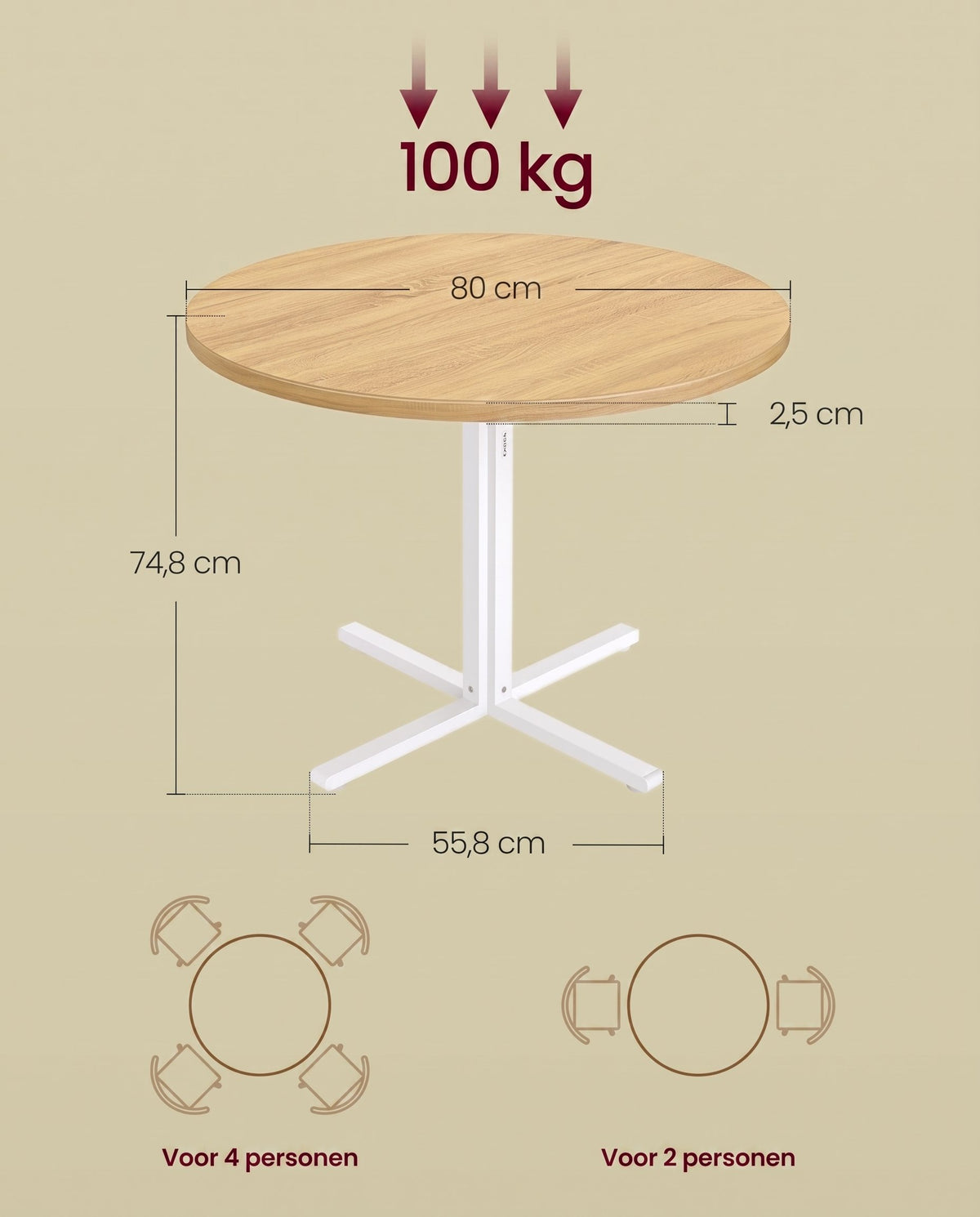 Ronde Eettafel met Waterbestendig Blad, 80 x 74,8 cm