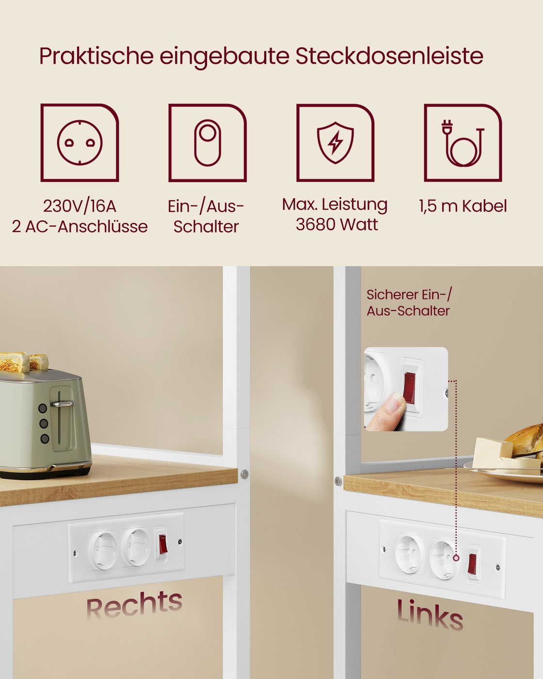 Keukenrek met 2 Stopcontacten en Verstelbare Plank, 40 x 60 x 140 cm