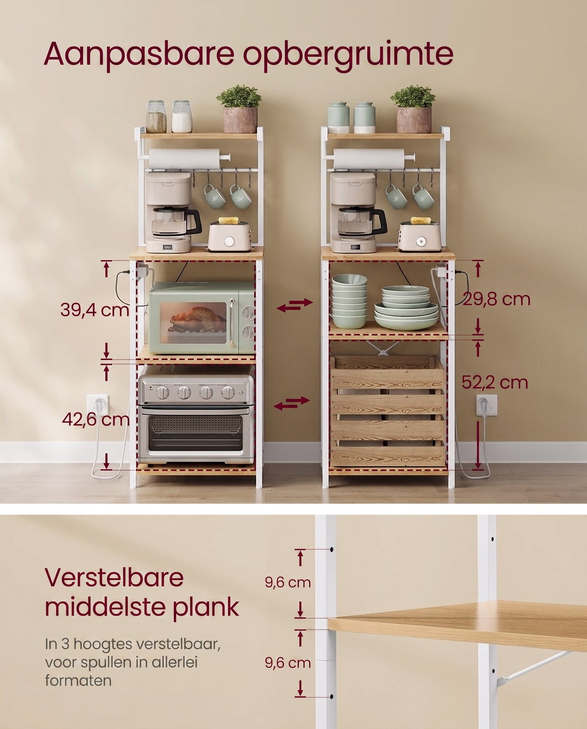 Keukenrek met 2 Stopcontacten en Verstelbare Plank, 40 x 60 x 140 cm