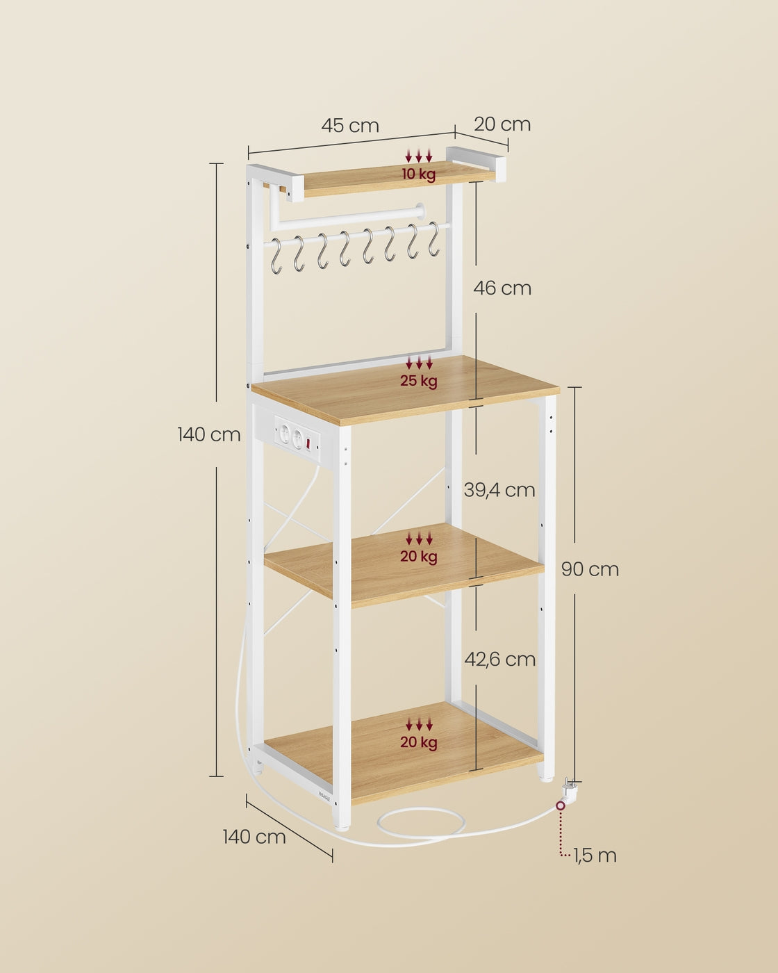 Keukenrek met 2 Stopcontacten en Verstelbare Plank, 40 x 60 x 140 cm