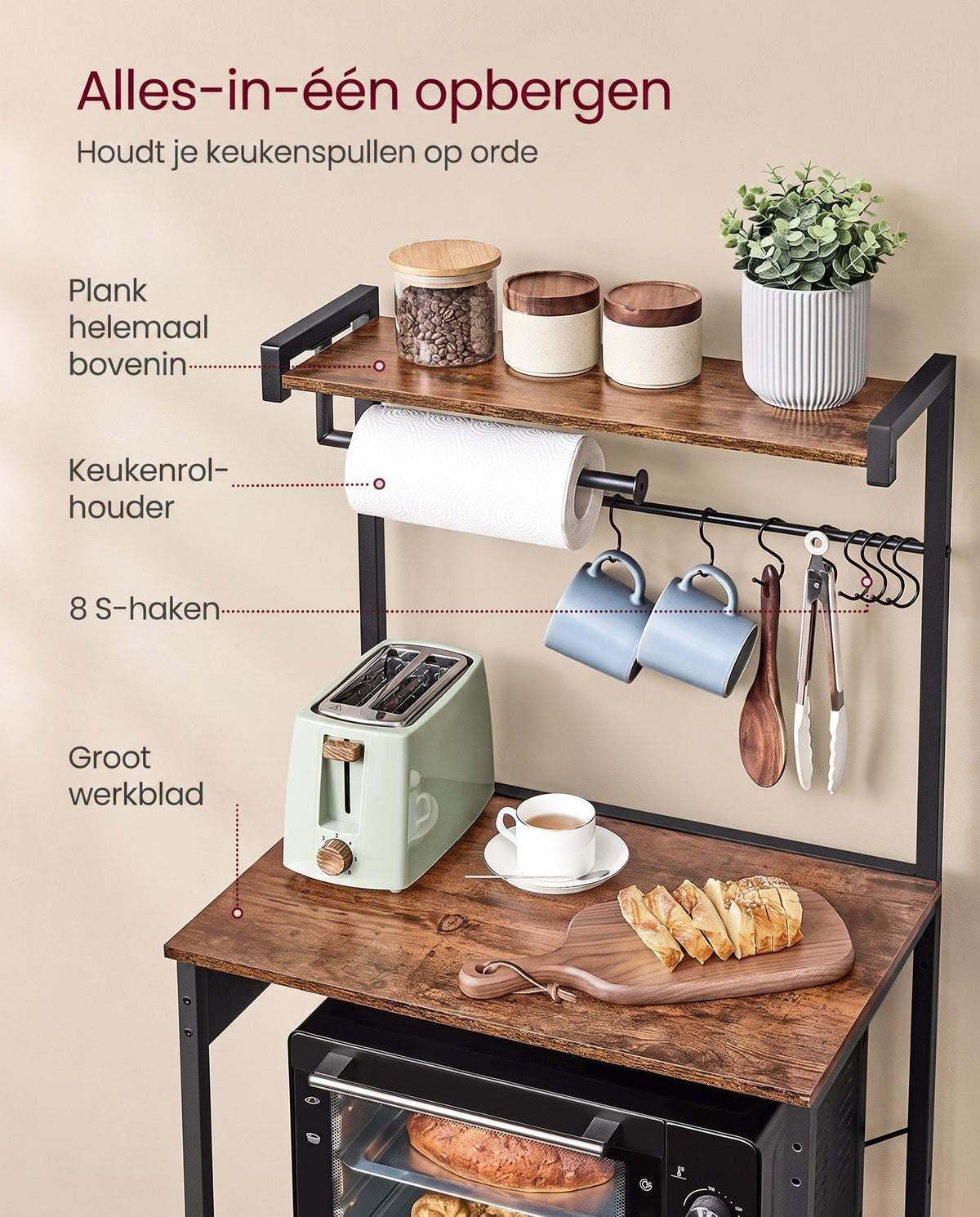 Keukenrek met 2 Stopcontacten en Verstelbare Plank, 40 x 60 x 140 cm