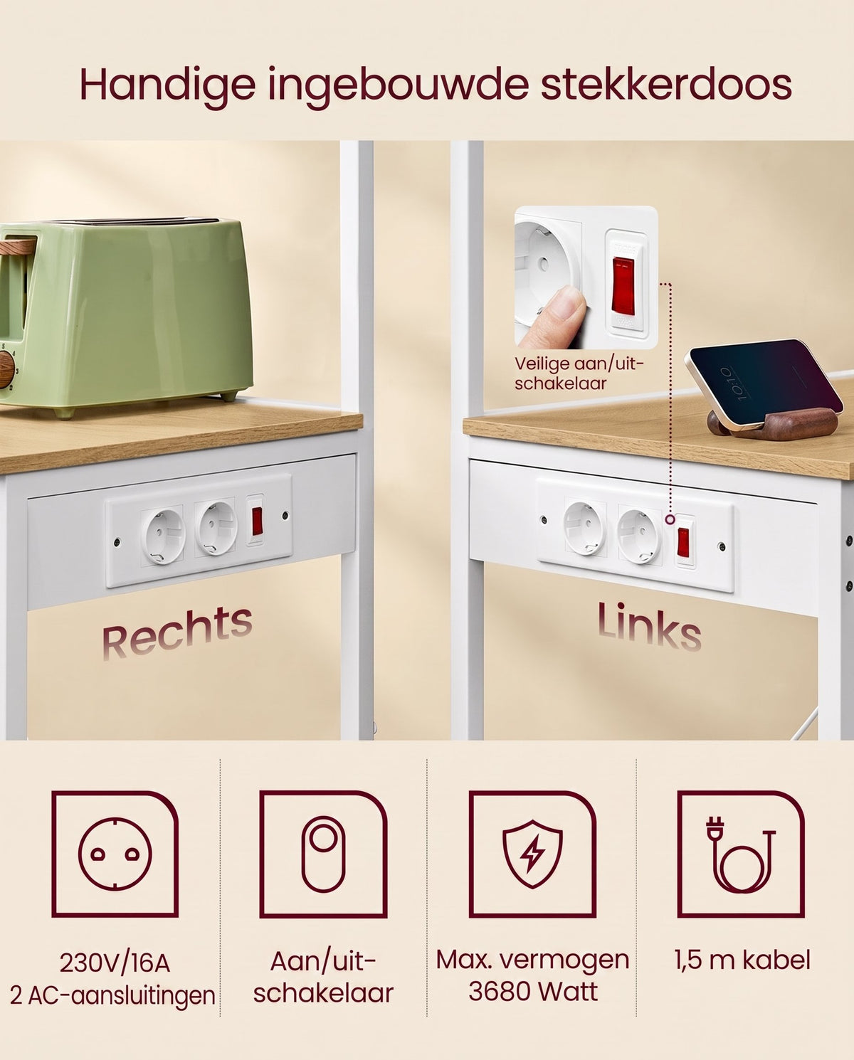 Keukenrek met 2 Stopcontacten en Verstelbare Plank, 40 x 60 x 140 cm