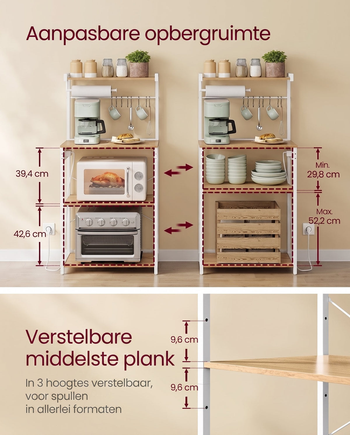 Keukenrek met 2 Stopcontacten en Verstelbare Plank, 40 x 60 x 140 cm