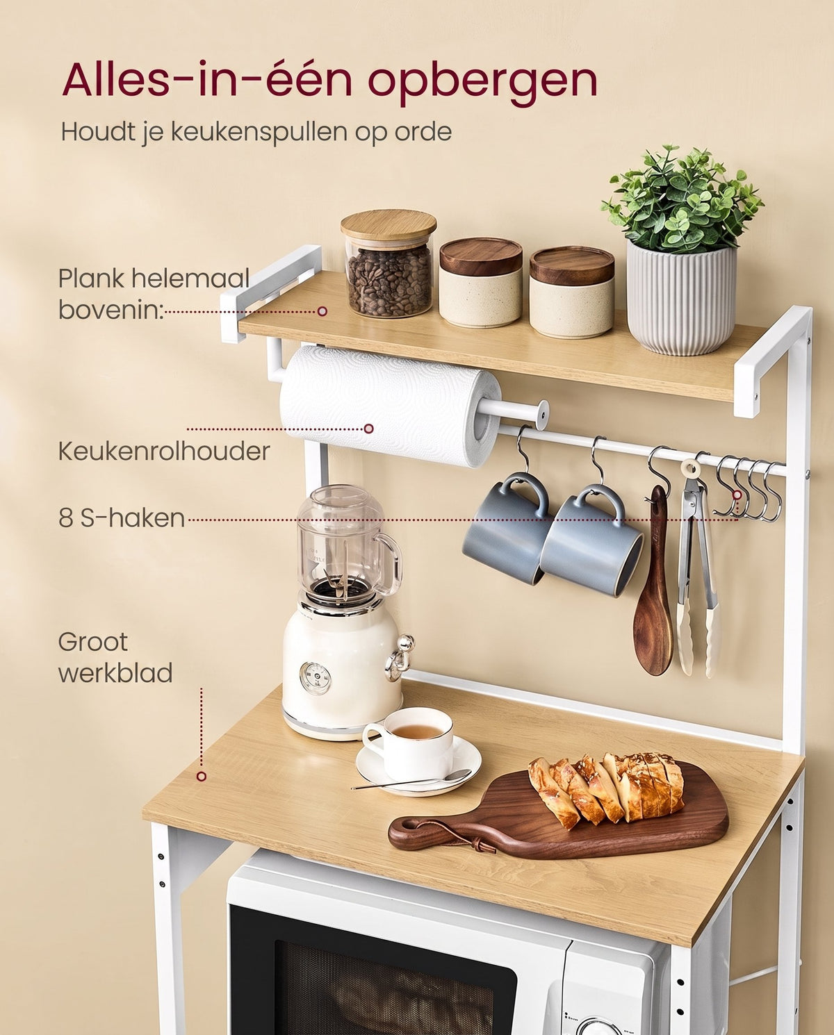 Keukenrek met 2 Stopcontacten en Verstelbare Plank, 40 x 60 x 140 cm