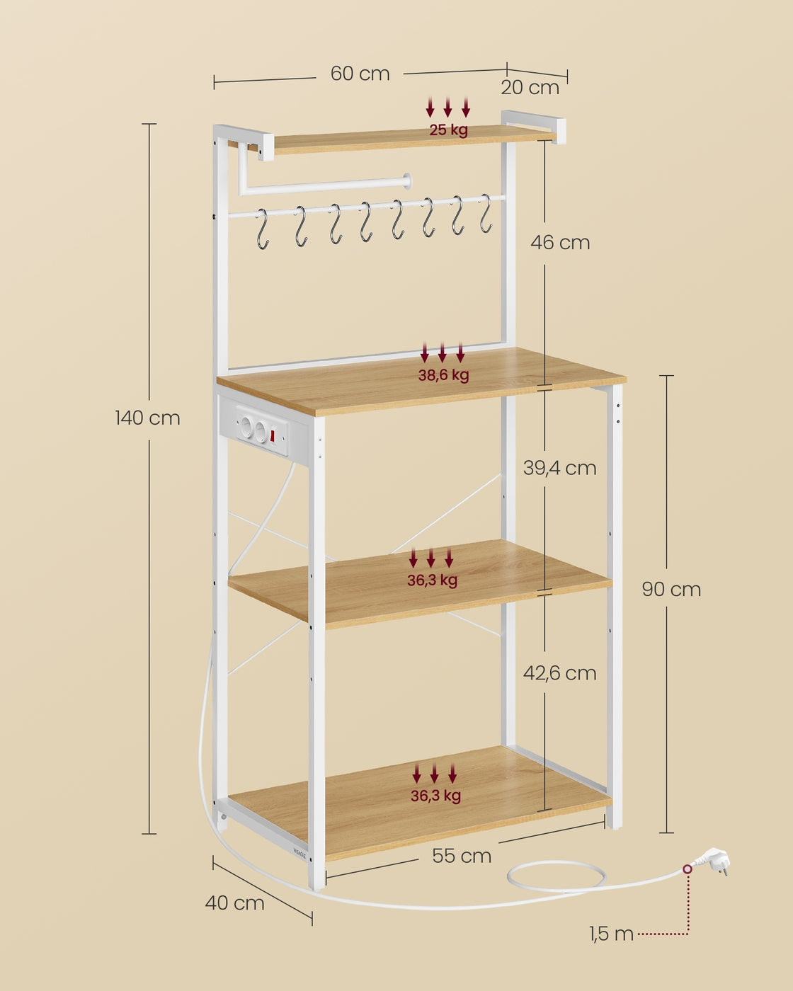 Keukenrek met 2 Stopcontacten en Verstelbare Plank, 40 x 60 x 140 cm