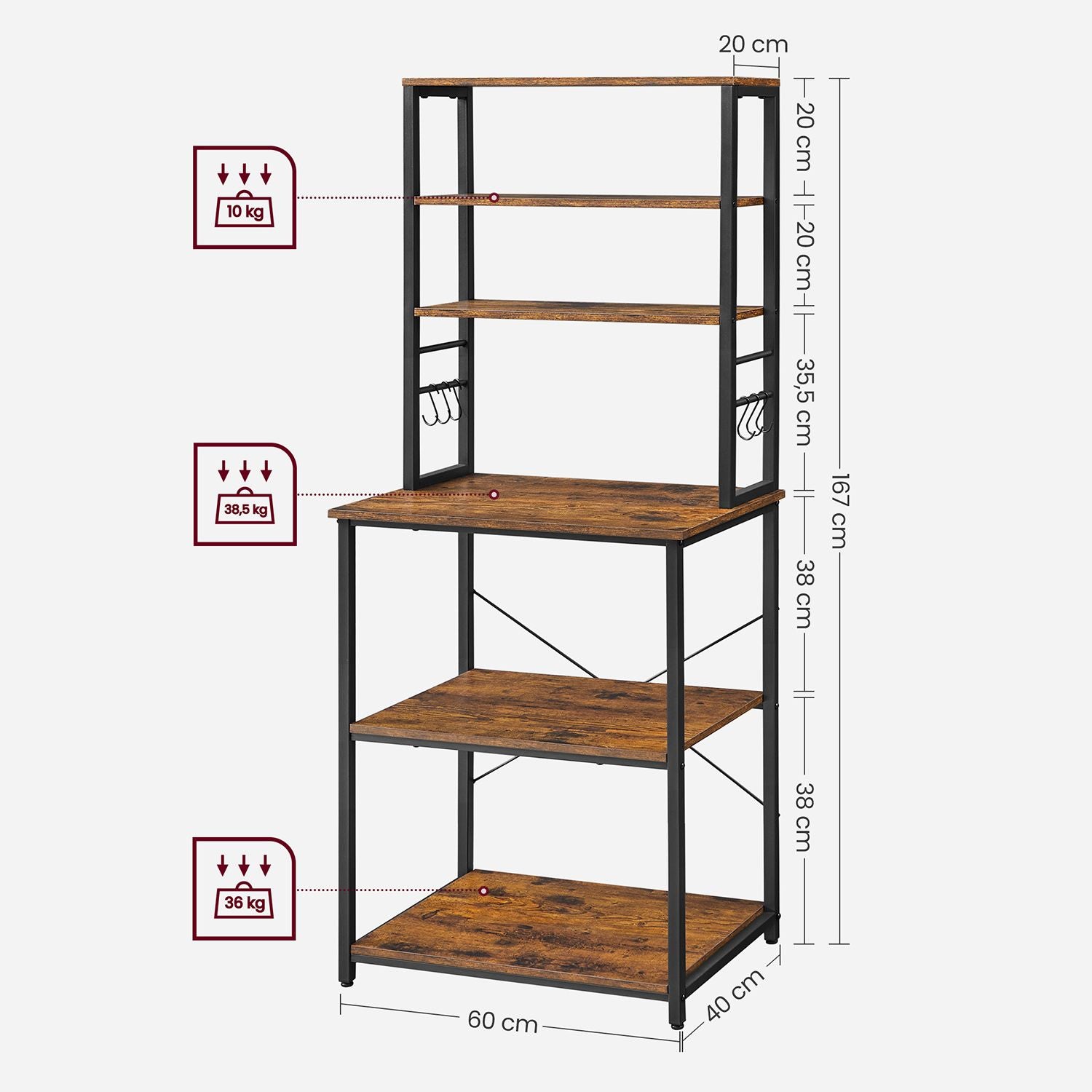 Metalen Keukenrek met Legplanken en 6 Haken in Industrieel Design, 40x60x167 cm