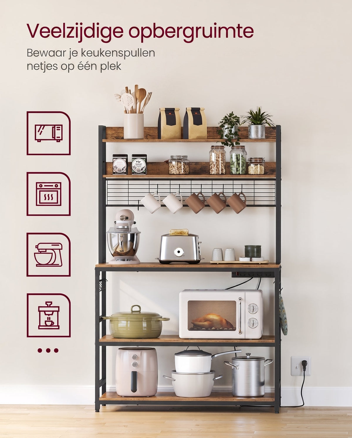 Keukenrek met 5 Planken, 14 Haken en 4 Stopcontacten, Roosterblad