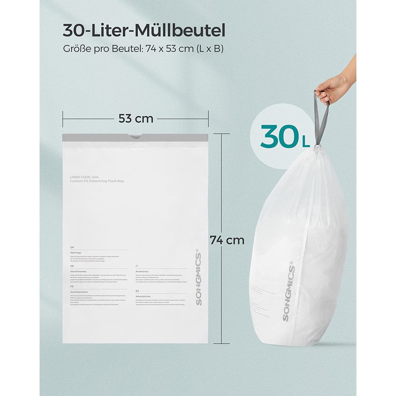 Vuilniszakken met Trekkoord voor 30 Liter Vuilnisbakken, 180 Stuks