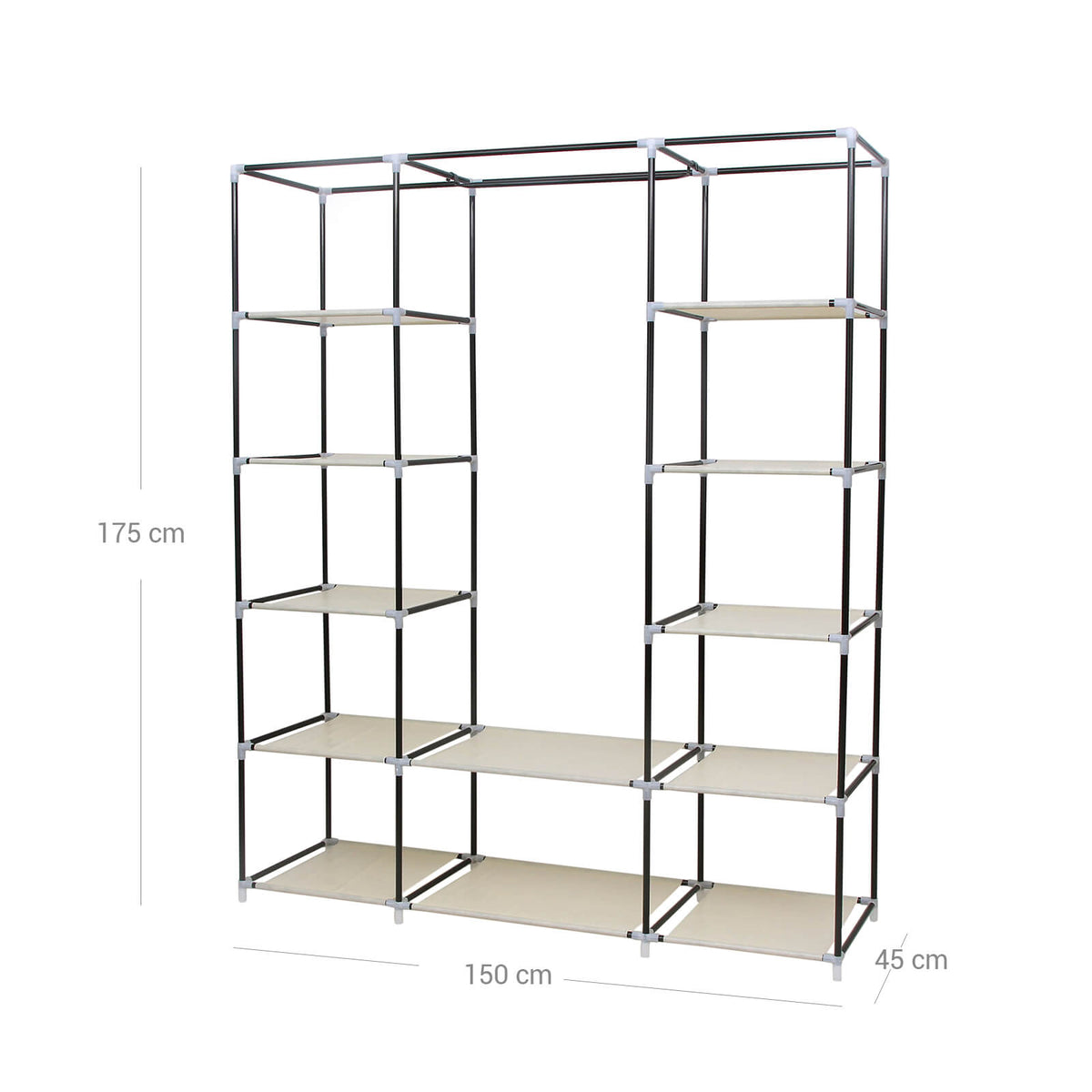 Stoffen Kledingkast met 12 Planken, Kledingroede en 3 Roldeuren, 150 x 45 x 175 cm