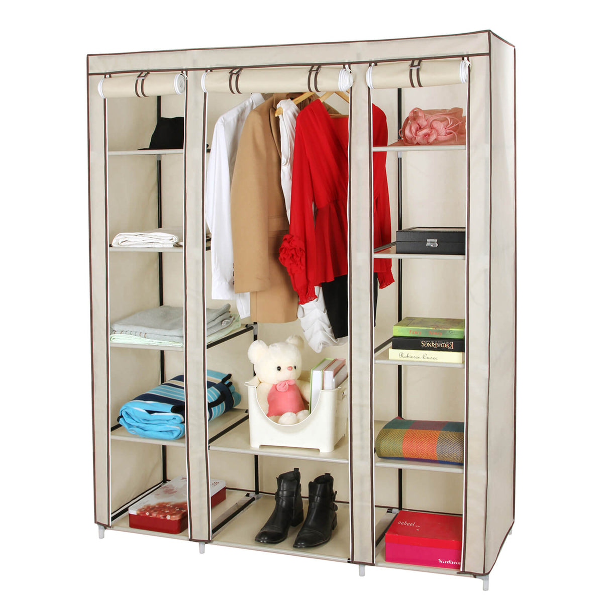 Stoffen Kledingkast met 12 Planken, Kledingroede en 3 Roldeuren, 150 x 45 x 175 cm