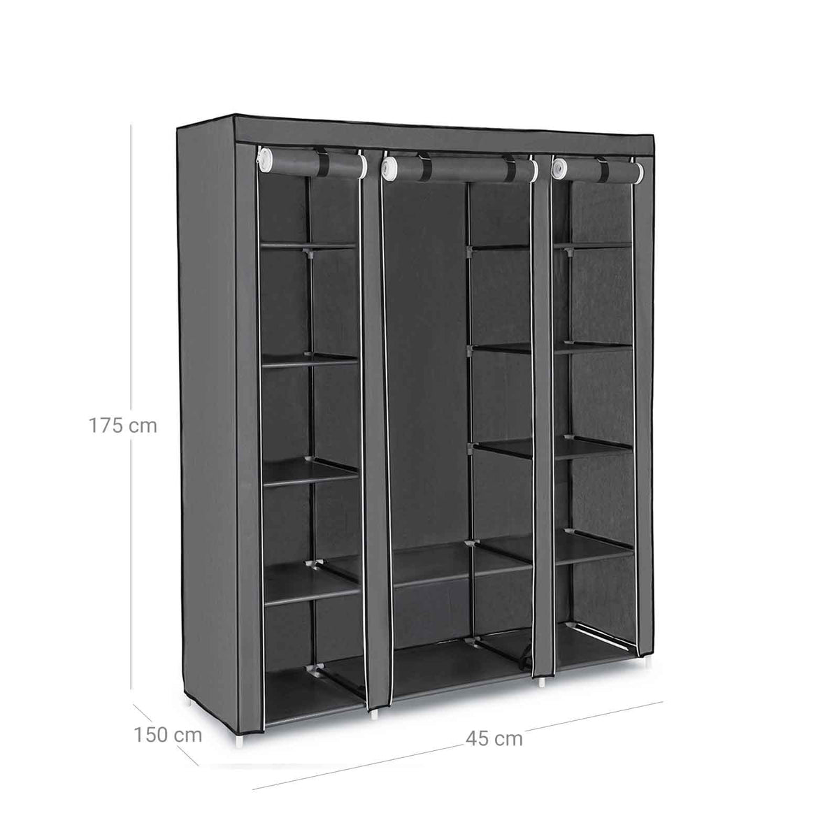 Stoffen Kledingkast met 12 Planken, Kledingroede en 3 Roldeuren, 150 x 45 x 175 cm