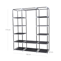Stoffen Kledingkast met 12 Planken, Kledingroede en 3 Roldeuren, 150 x 45 x 175 cm