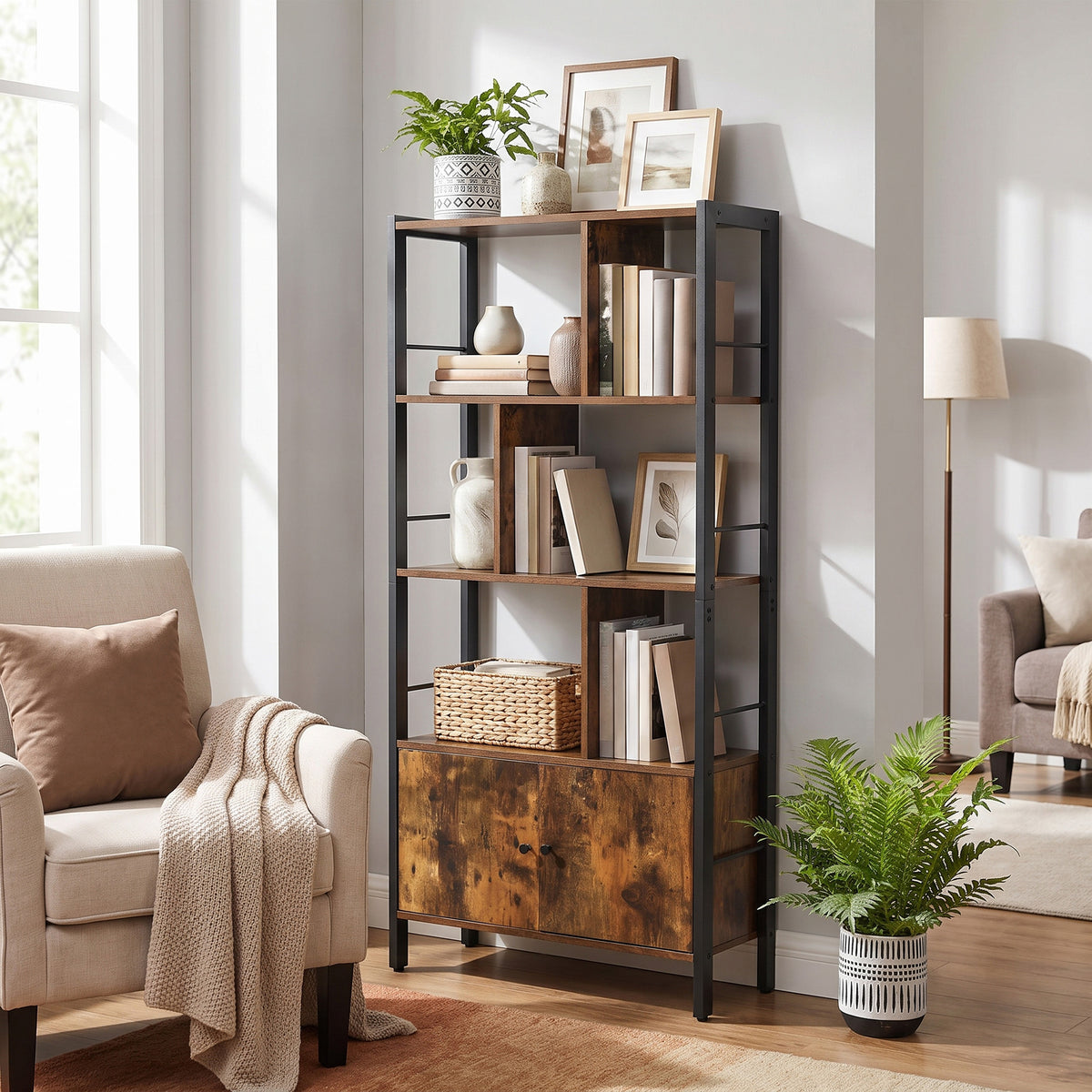 Boekenkast met 4 Verspringende Planken en Gesloten Vak, 74 x 154,5 cm