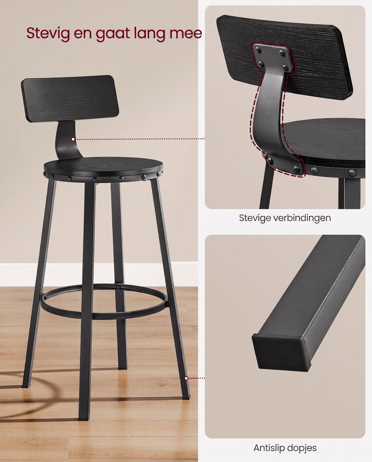 Barkrukken met Rugleuning en Industrieel Design, Set van 2