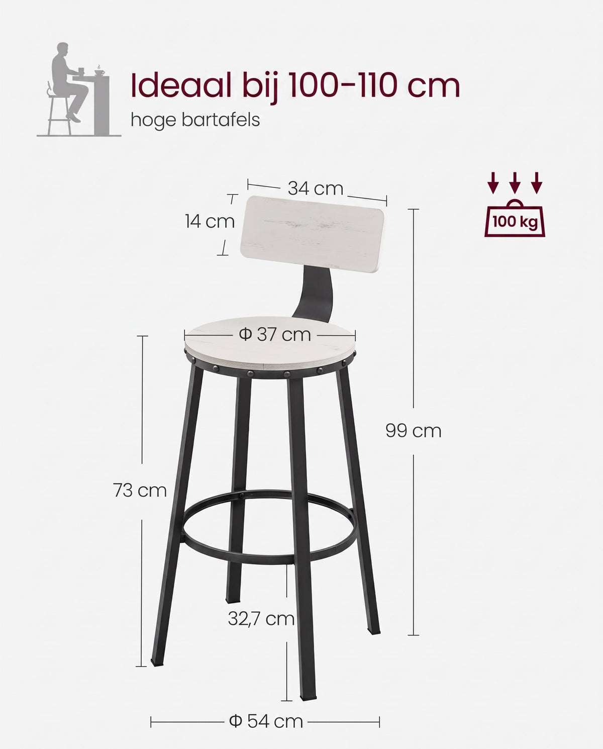 Barkrukken met Rugleuning en Industrieel Design, Set van 2