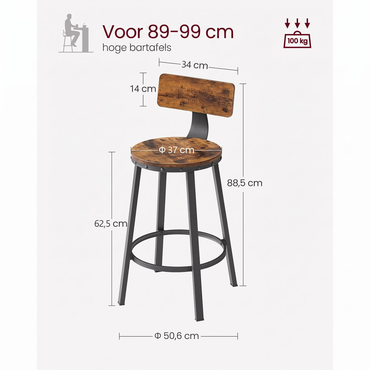 Barkrukken met Rugleuning en Industrieel Design, Set van 2