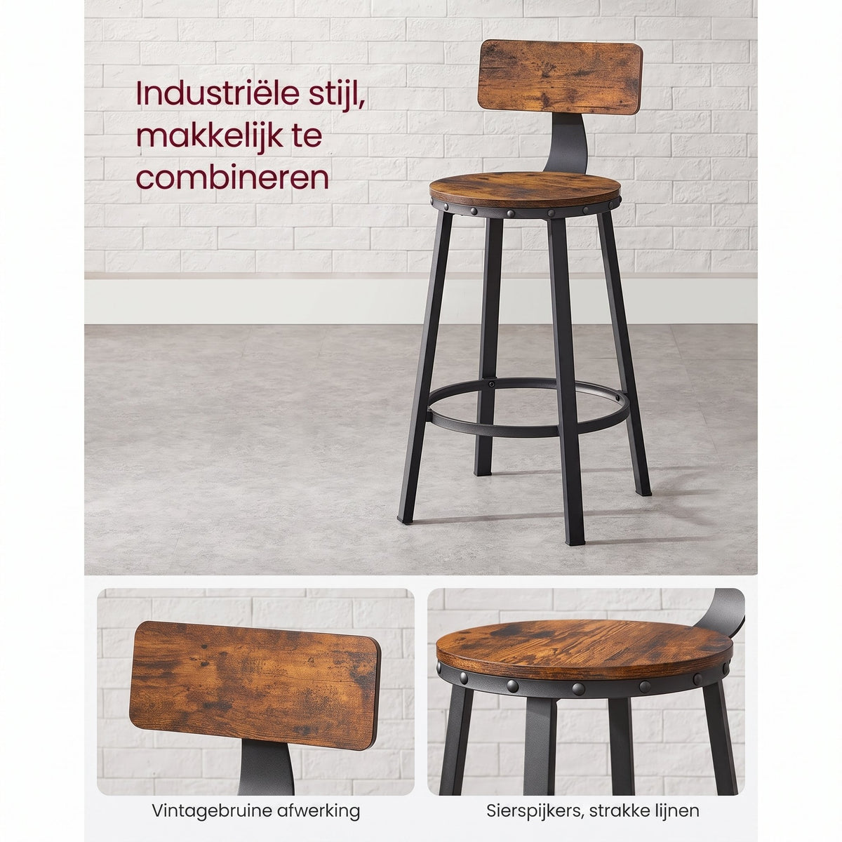 Barkrukken met Rugleuning en Industrieel Design, Set van 2