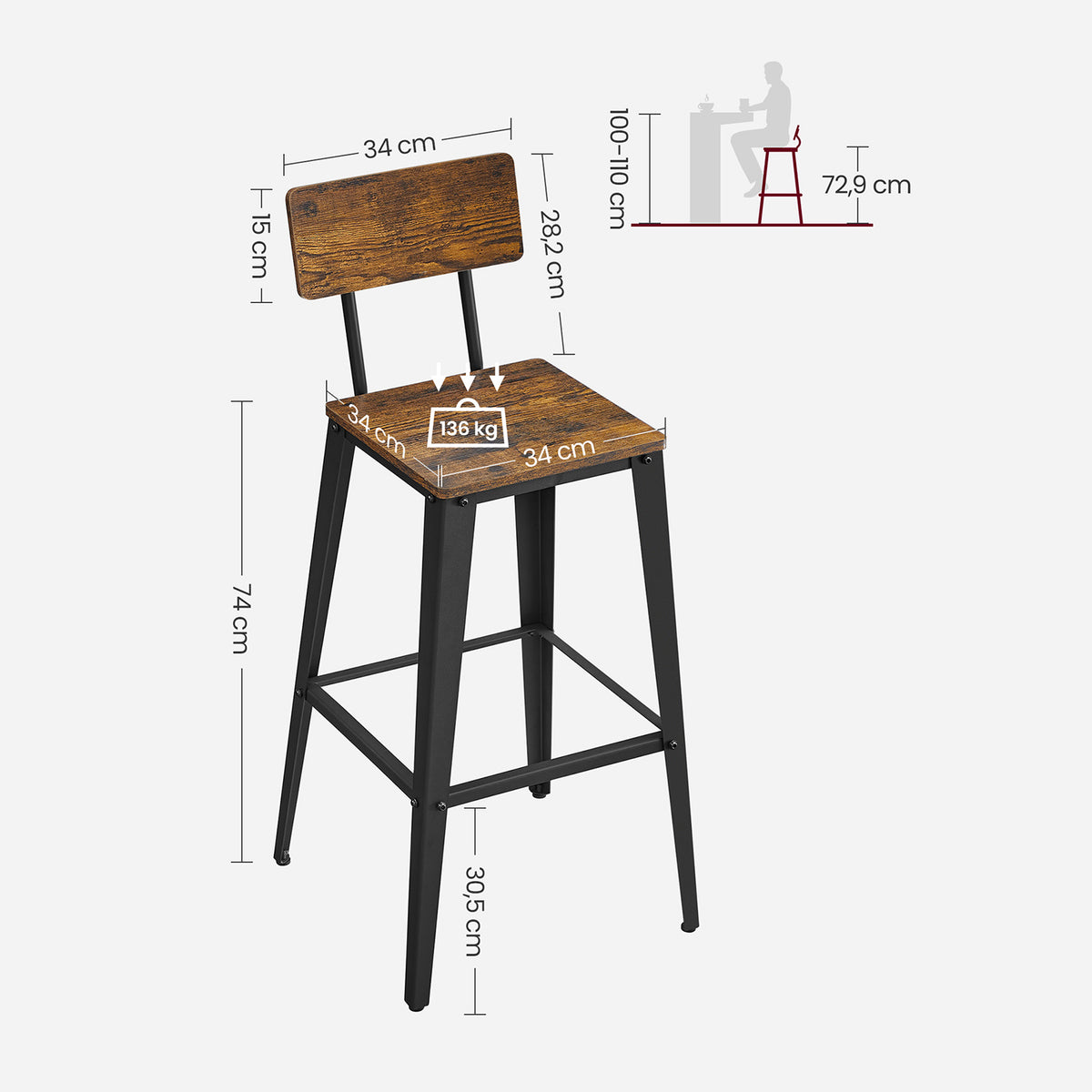 Barkrukken met Rugleuning en Voetsteun, Set van 2, Zithoogte 74 cm