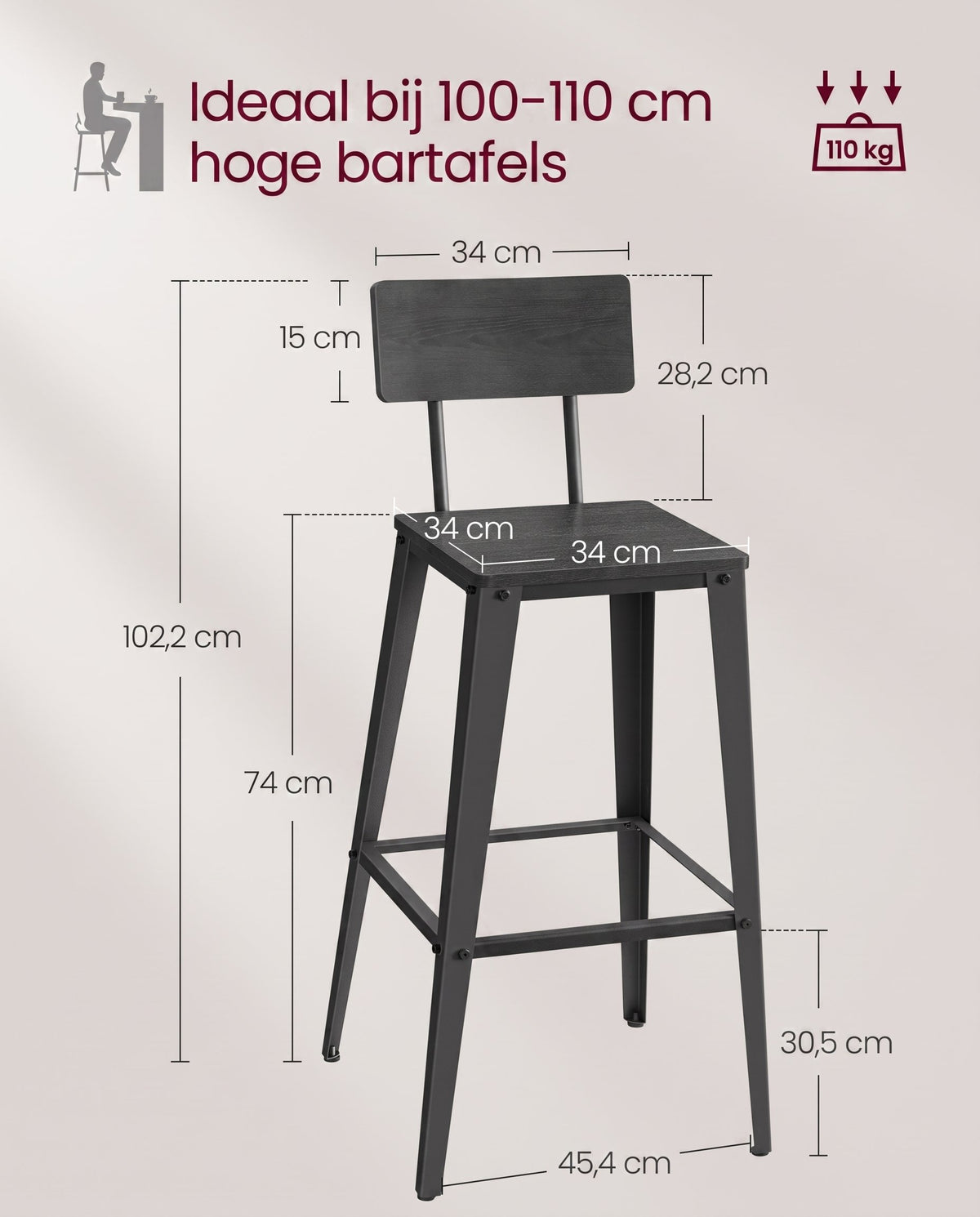 Barkrukken met Rugleuning en Voetsteun, Set van 2, Zithoogte 74 cm