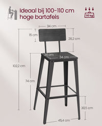 Barkrukken met Rugleuning en Voetsteun, Set van 2, Zithoogte 74 cm
