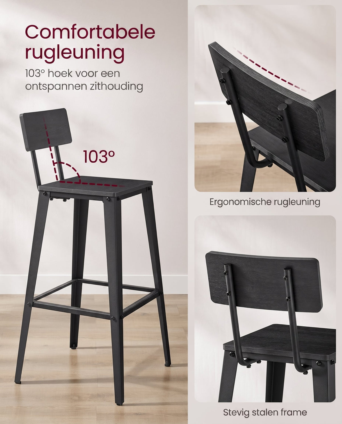 Barkrukken met Rugleuning en Voetsteun, Set van 2, Zithoogte 74 cm