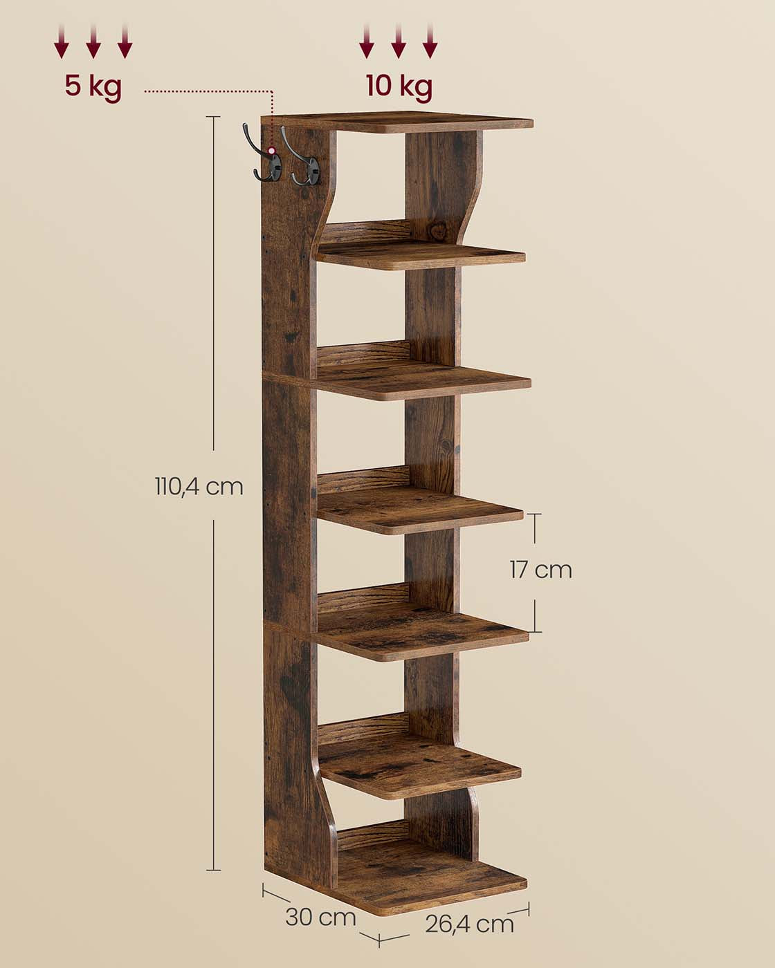 Smal Schoenenrek met 6 Niveaus en 2 Haken, 30 x 26,4 x 110,4 cm