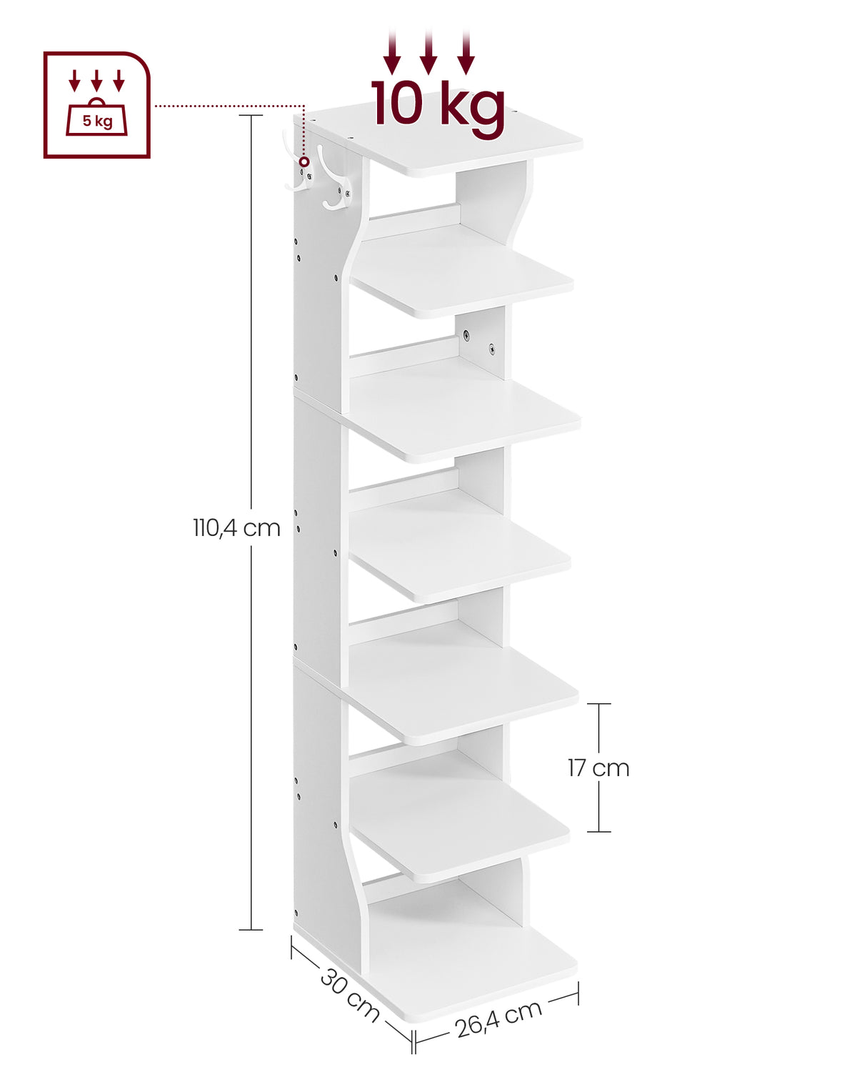 Smal Schoenenrek met 6 Niveaus en 2 Haken, 30 x 26,4 x 110,4 cm