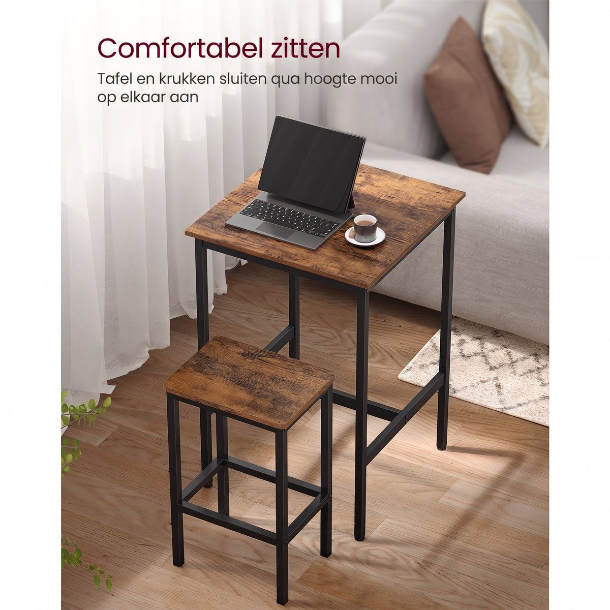 Compacte Bartafelset met 2 Barkrukken en Voetsteun, 60 x 60 x 90 cm