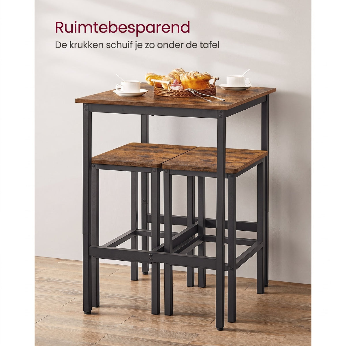 Compacte Bartafelset met 2 Barkrukken en Voetsteun, 60 x 60 x 90 cm
