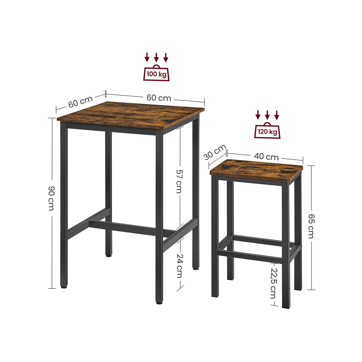 Compacte Bartafelset met 2 Barkrukken en Voetsteun, 60 x 60 x 90 cm
