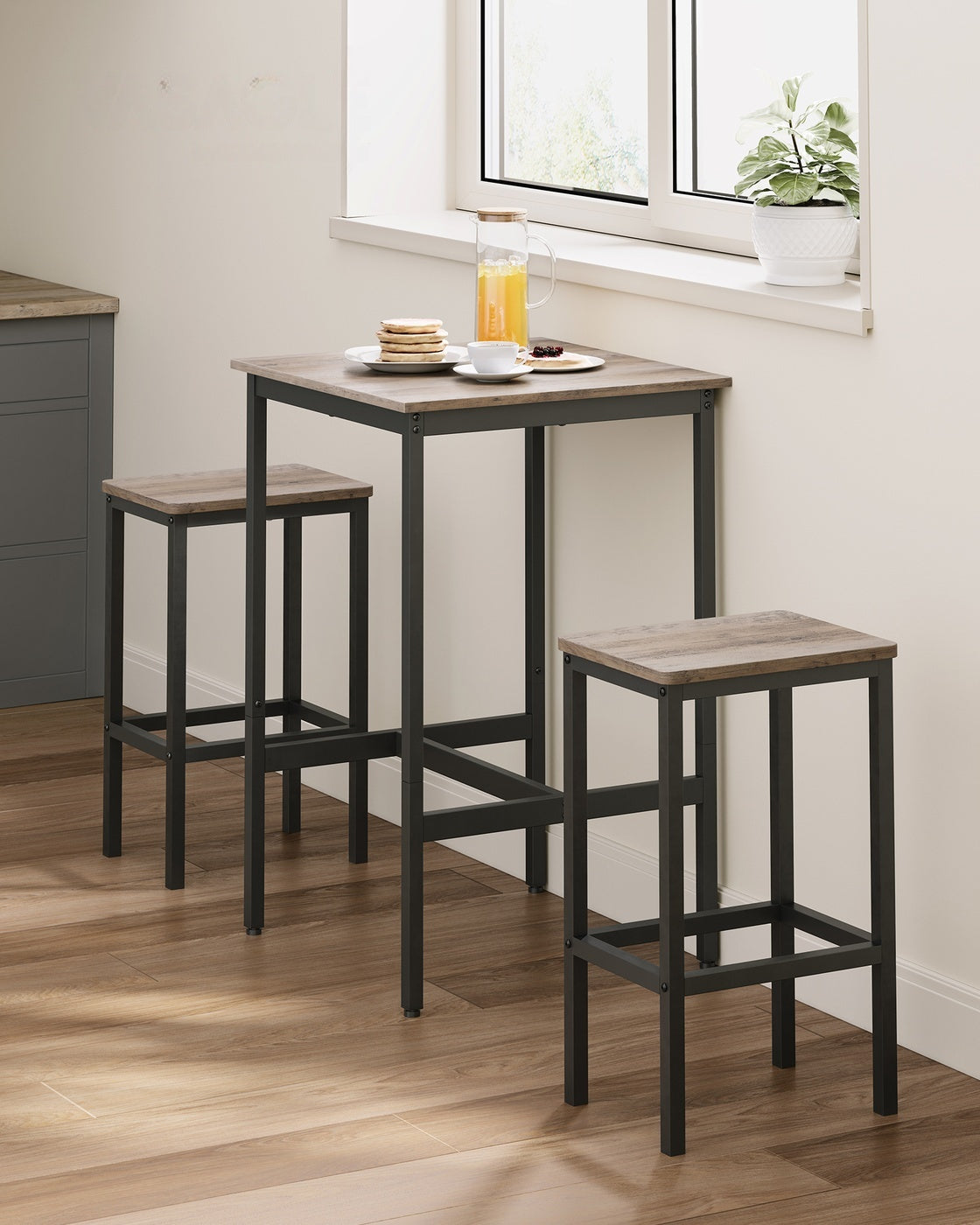 Compacte Bartafelset met 2 Barkrukken en Voetsteun, 60 x 60 x 90 cm