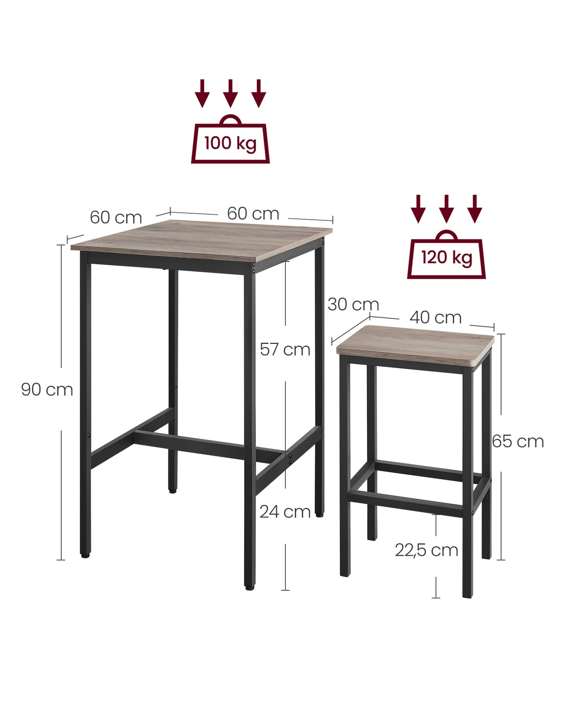 Compacte Bartafelset met 2 Barkrukken en Voetsteun, 60 x 60 x 90 cm