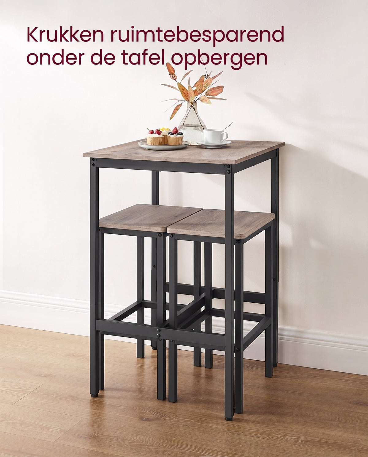 Compacte Bartafelset met 2 Barkrukken en Voetsteun, 60 x 60 x 90 cm