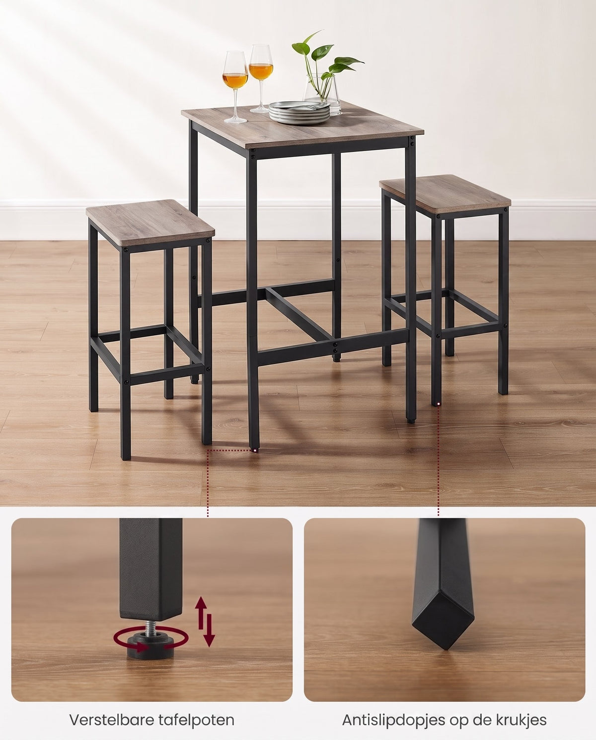 Compacte Bartafelset met 2 Barkrukken en Voetsteun, 60 x 60 x 90 cm