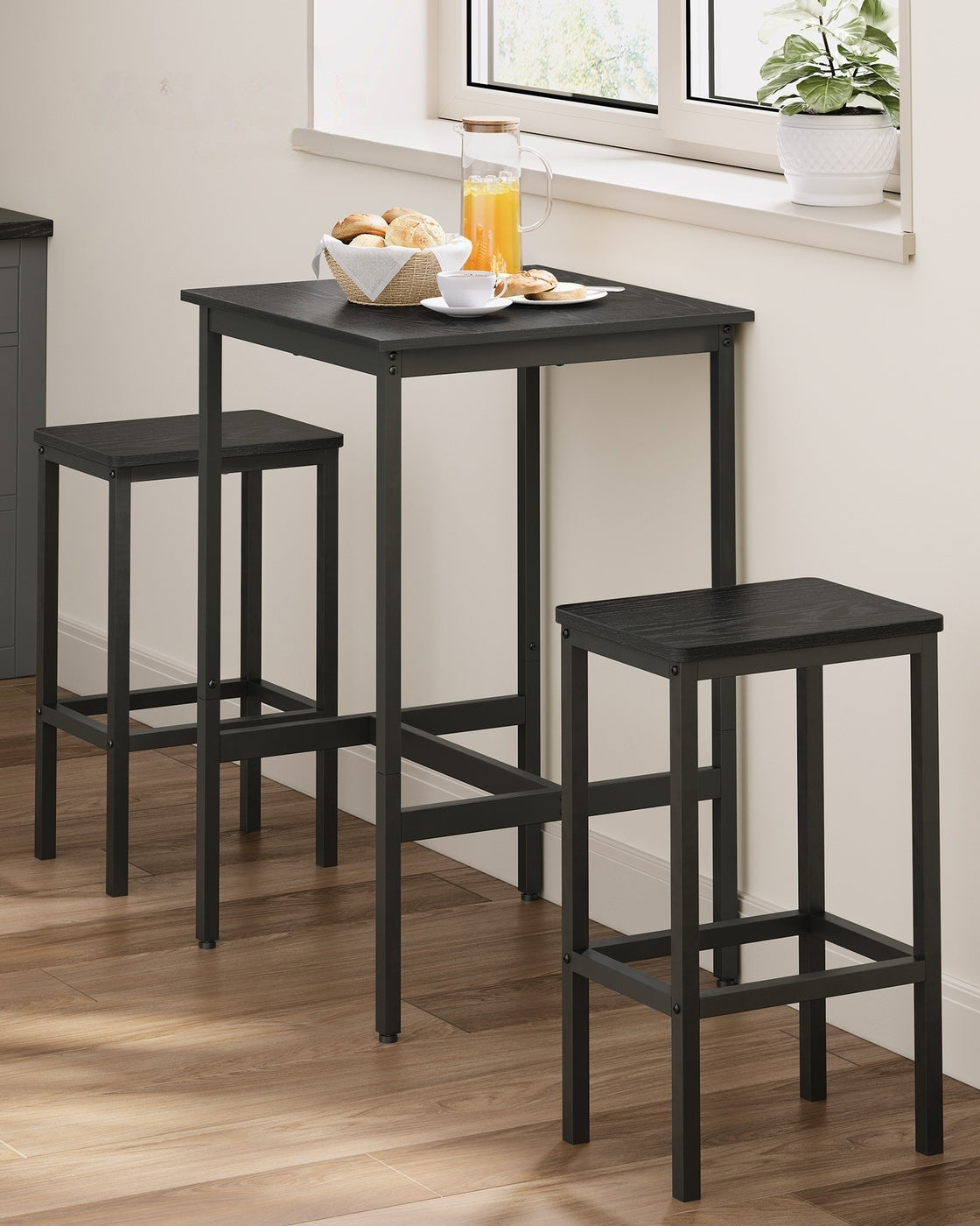 Compacte Bartafelset met 2 Barkrukken en Voetsteun, 60 x 60 x 90 cm