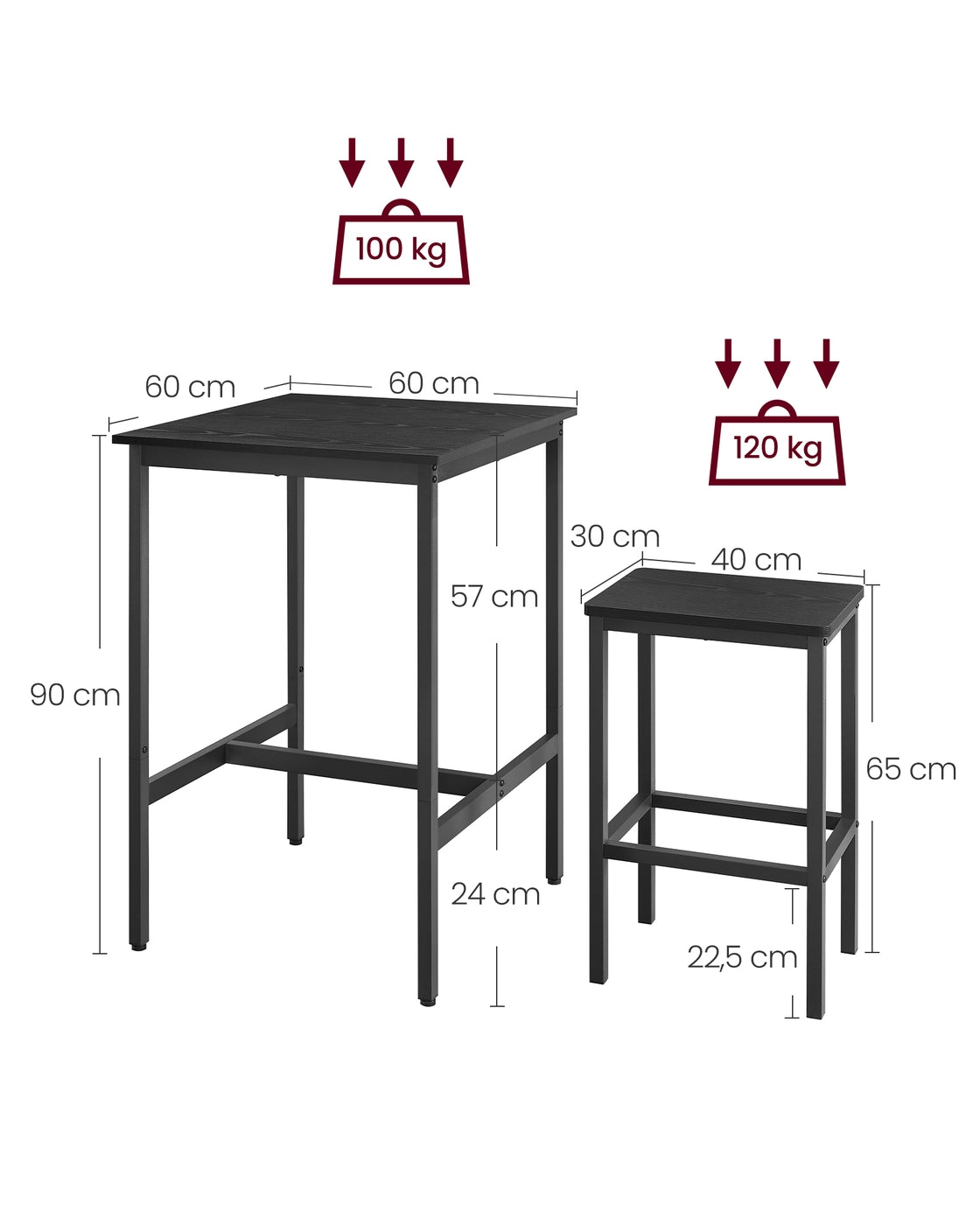 Compacte Bartafelset met 2 Barkrukken en Voetsteun, 60 x 60 x 90 cm