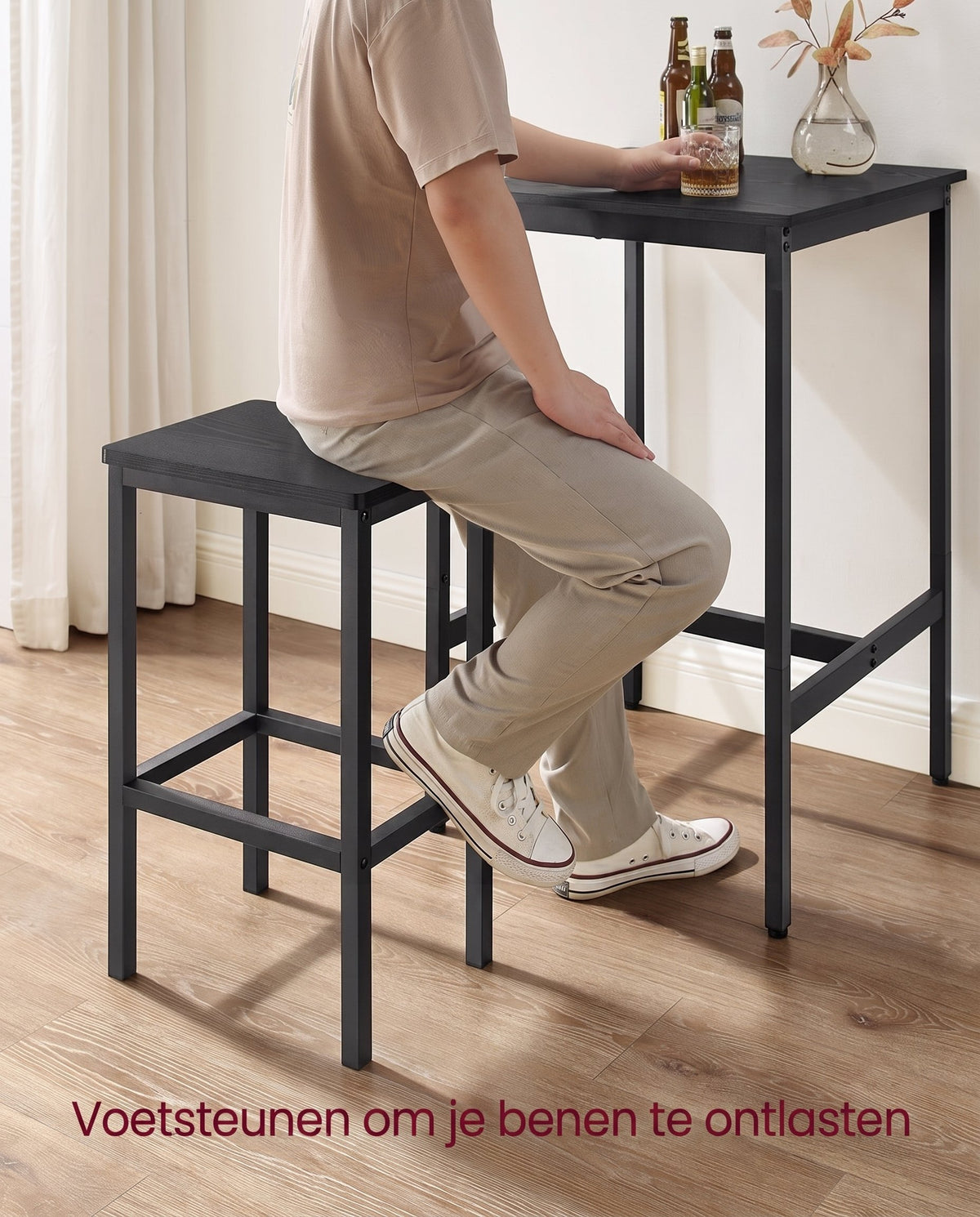 Compacte Bartafelset met 2 Barkrukken en Voetsteun, 60 x 60 x 90 cm