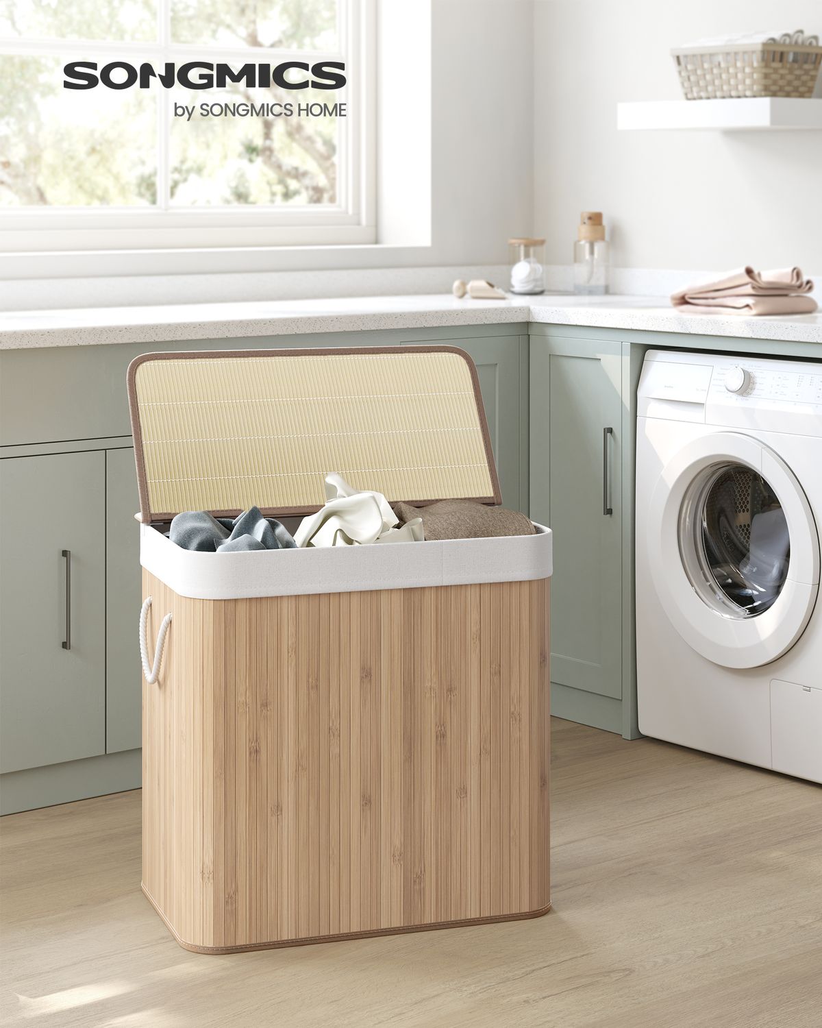 Opvouwbare Bamboe Wasmand met 3 Vakken en Deksel, 150 Liter