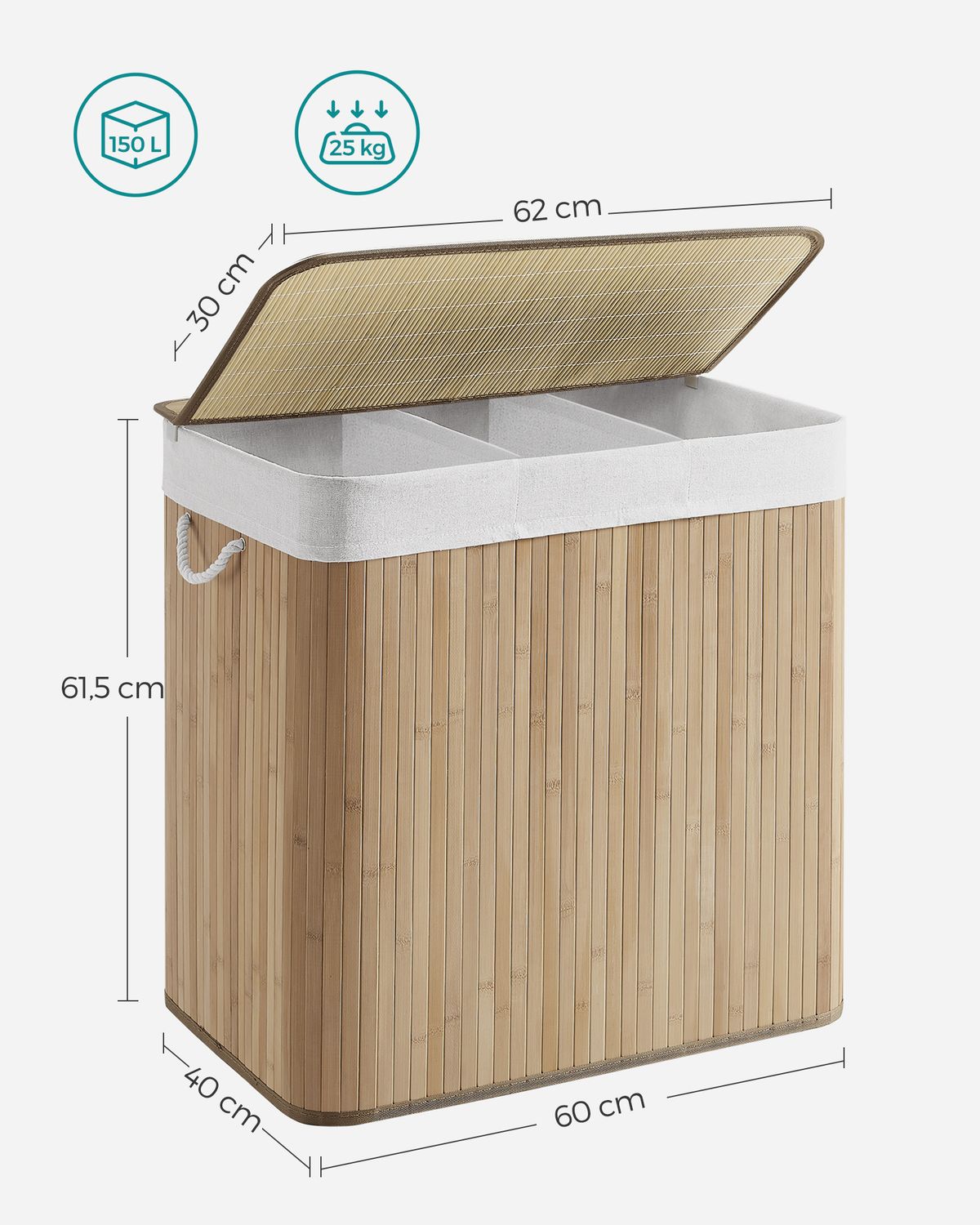 Opvouwbare Bamboe Wasmand met 3 Vakken en Deksel, 150 Liter