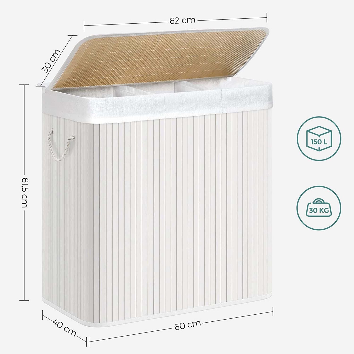 Opvouwbare Bamboe Wasmand met 3 Vakken en Deksel, 150 Liter