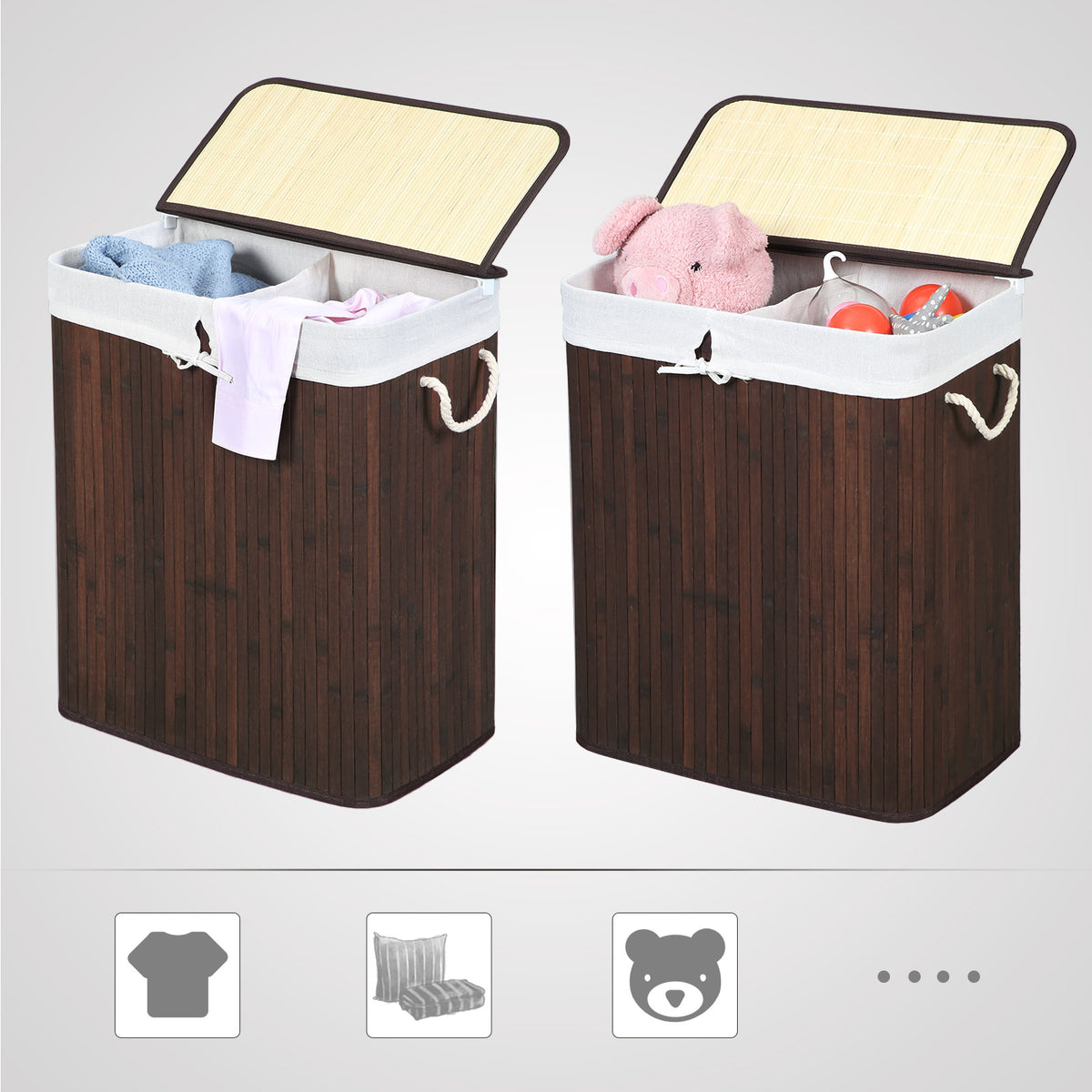 Bamboe Wasmand met Deksel en Afneembare Waszak, 100 L
