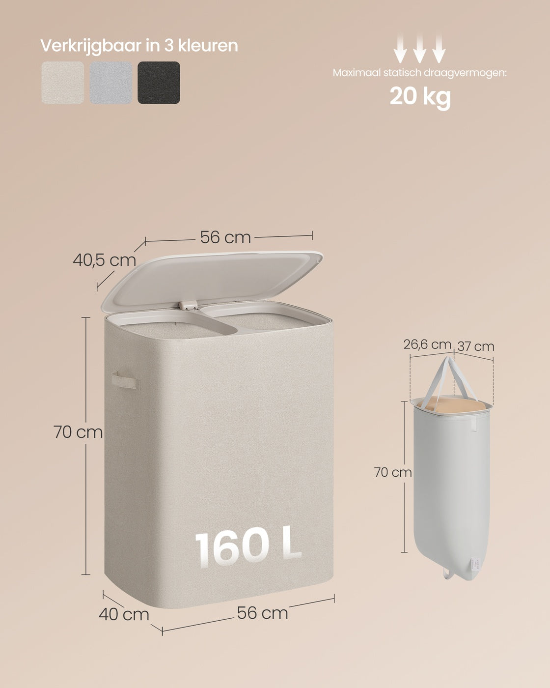 Wasmand met Deksel en 2 Vakken, 160 Liter