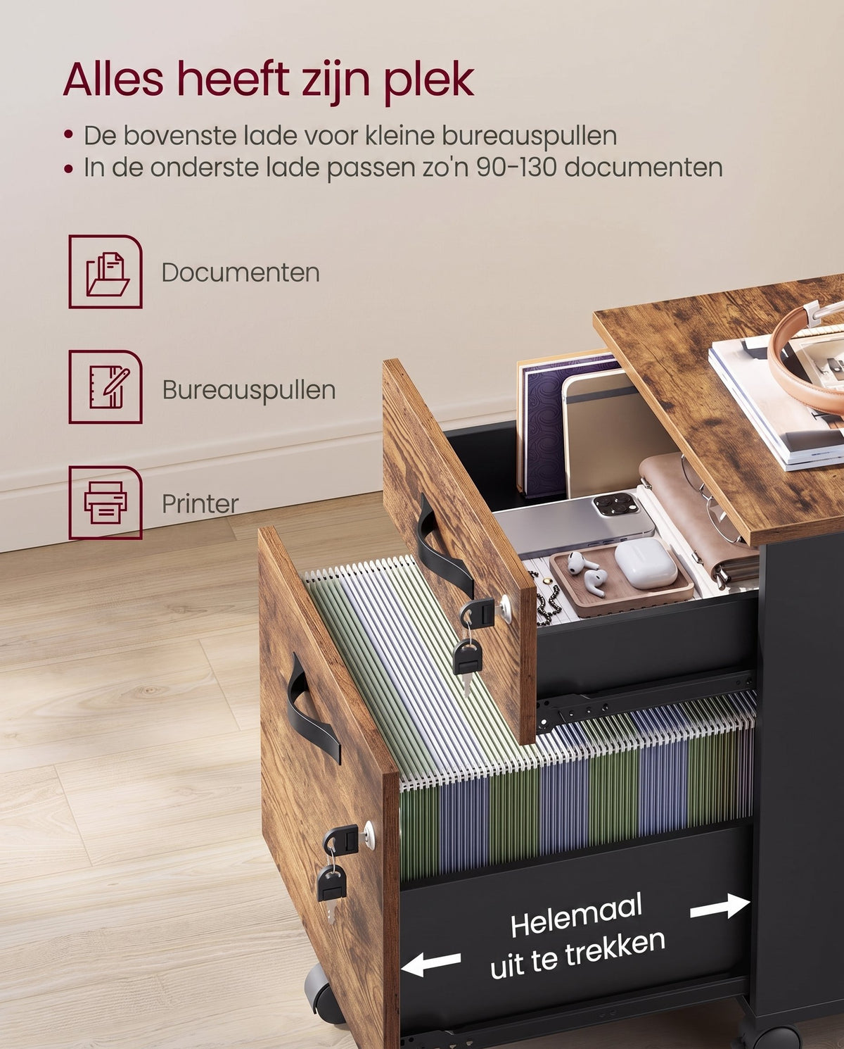 Verrijdbare Archiefkast met 2 Lades op Slot, voor Hangmappen A4