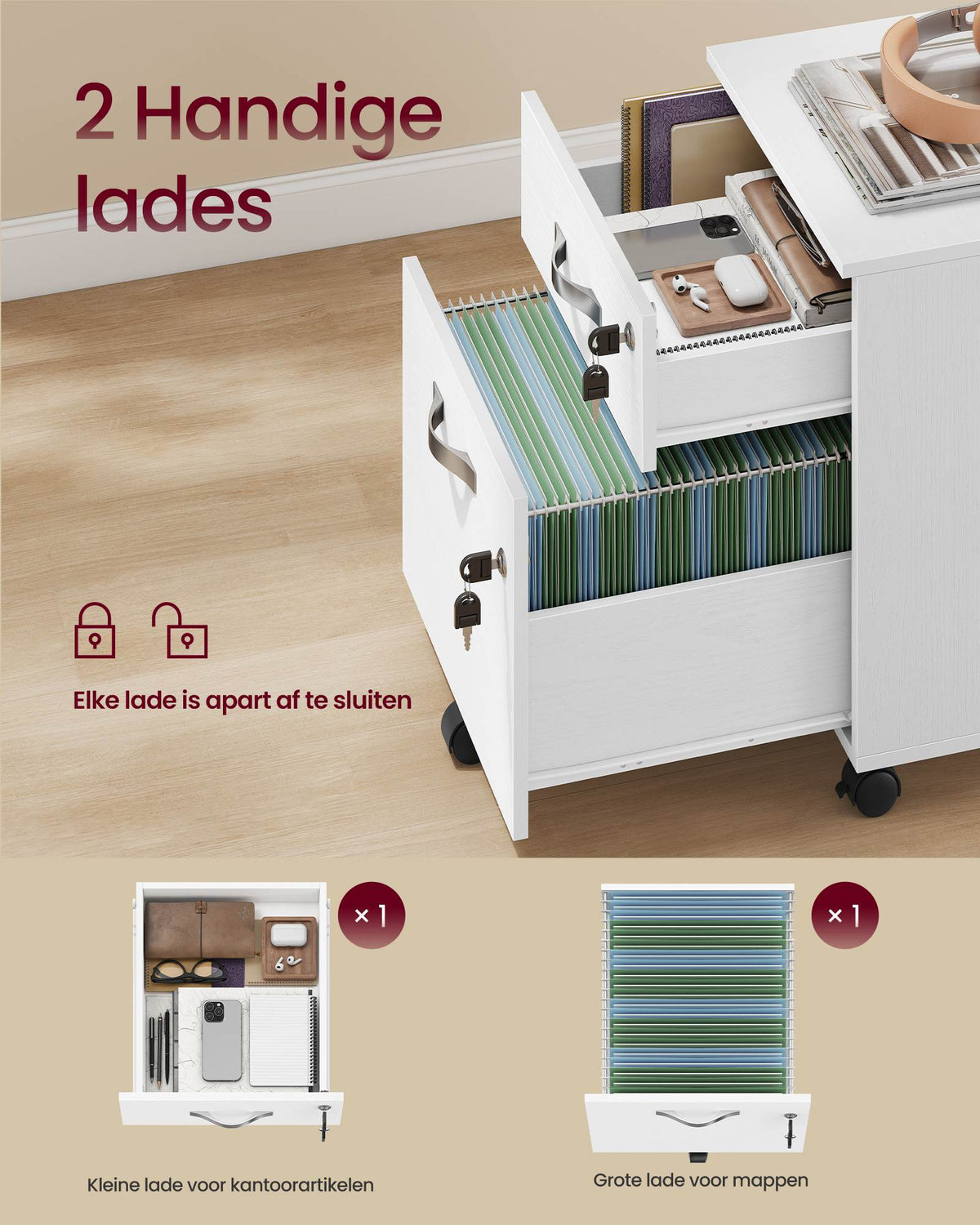 Verrijdbare Archiefkast met 2 Lades op Slot, voor Hangmappen A4