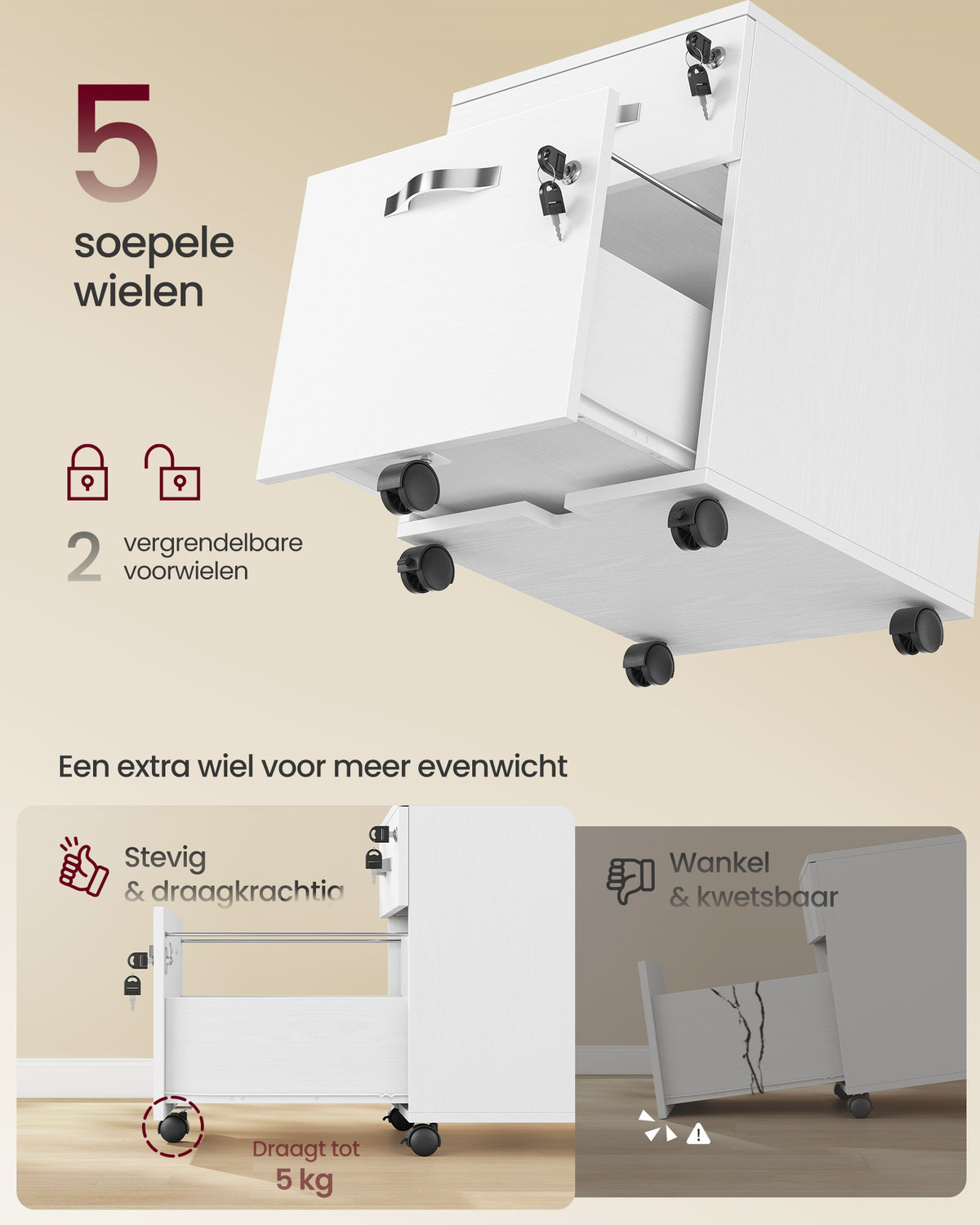 Verrijdbare Archiefkast met 2 Lades op Slot, voor Hangmappen A4